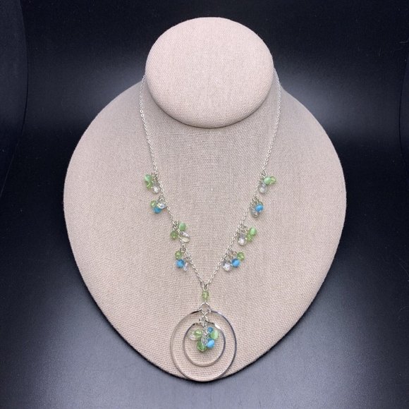 Jewelry - Dainty Beaded Cluster Pendant Necklace Silver Tone Green Blue Cats Eye Round